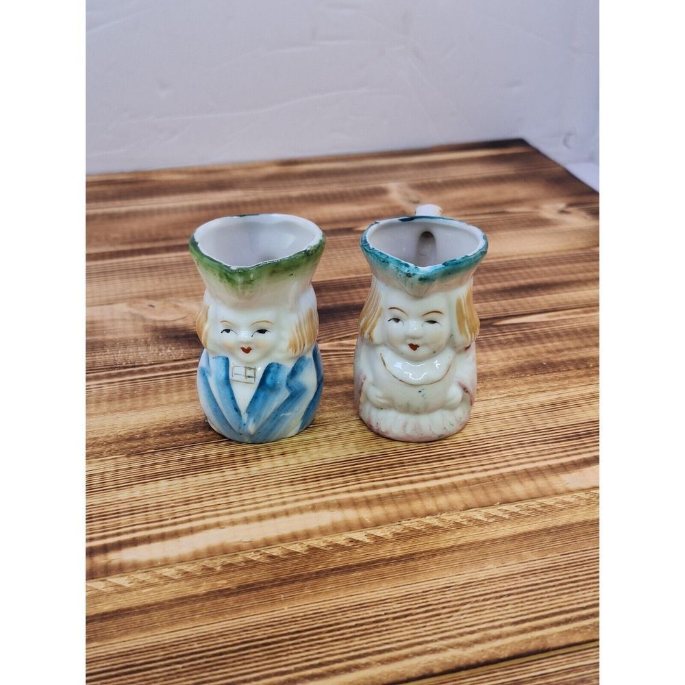 Vintage Pair Of Miniature Toby Style Mugs Japan Man And Women 2.5" Tall‎